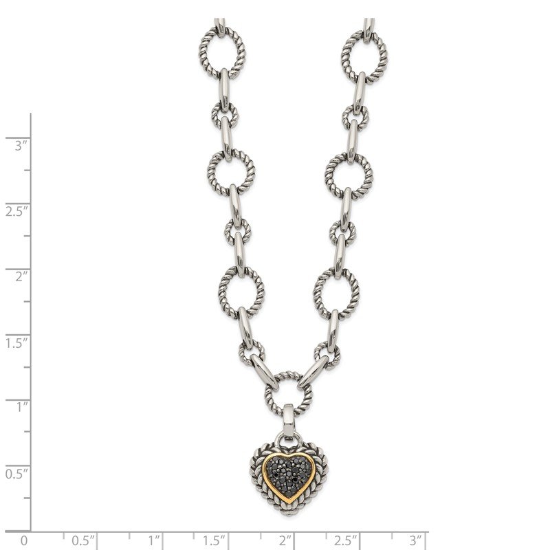 Sterling Silver with 14K Accent 17 Inch Antiqued Black Diamond Heart Drop Necklace