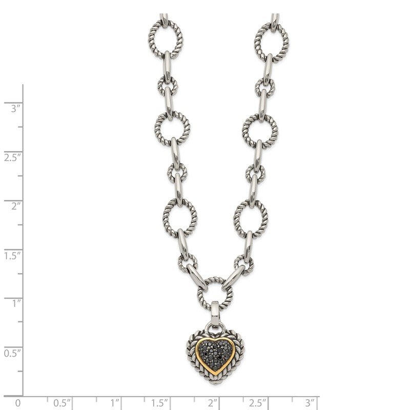 Sterling Silver with 14K Accent 17 Inch Antiqued Black Diamond Heart Drop Necklace