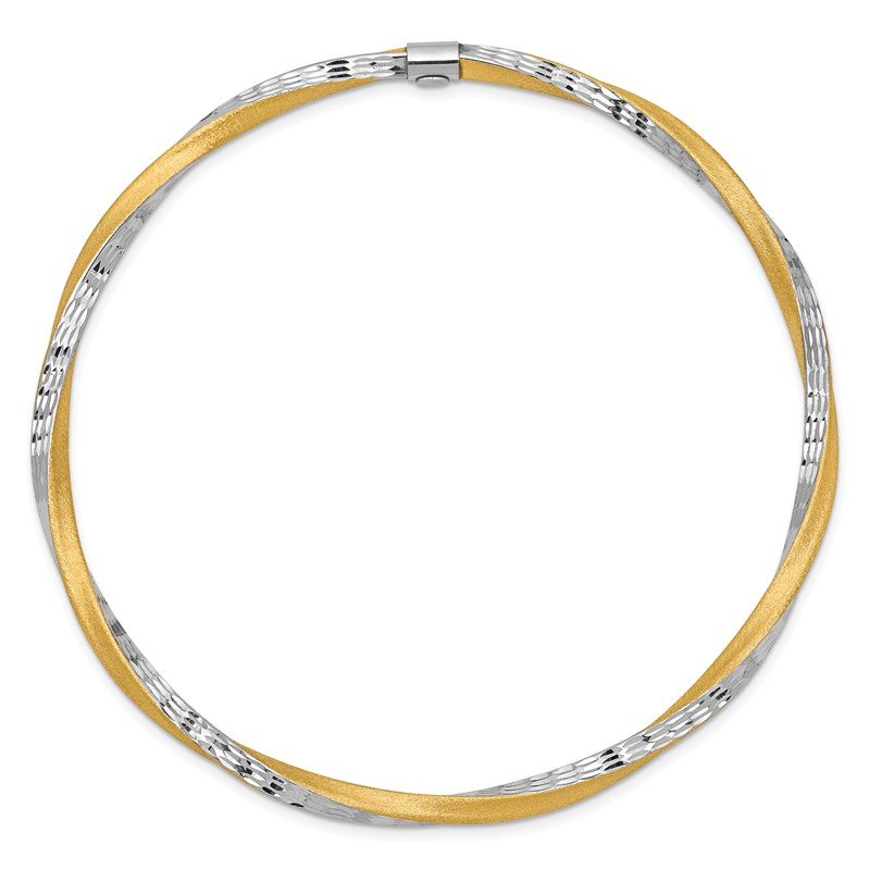 14k and White Rhodium Satin Finish Diamond-cut Twist 3.00mm Slip-on Round Bangle Bracelet