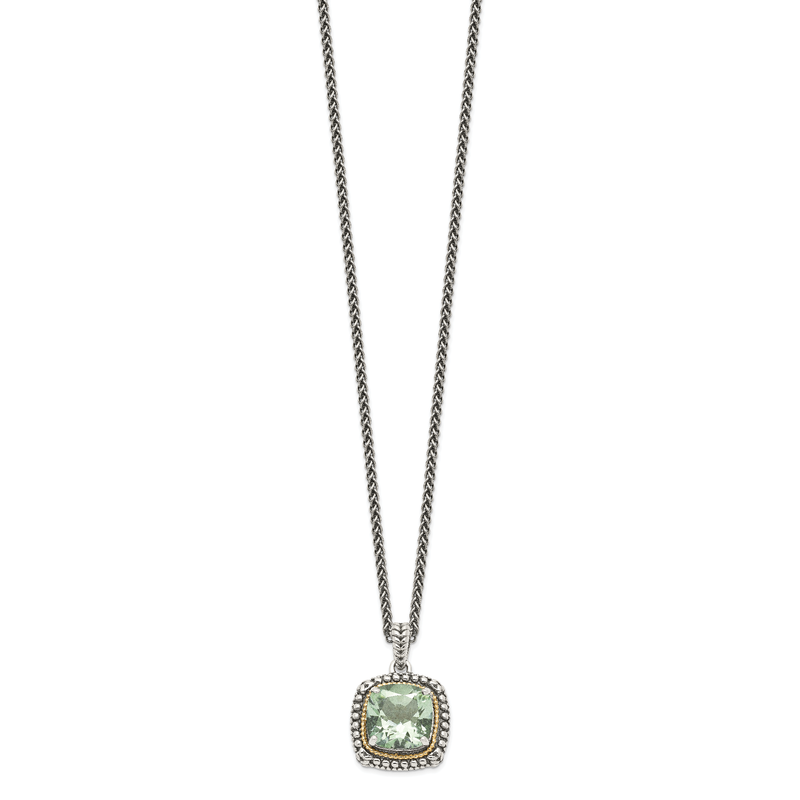 Sterling Silver with 14K Accent 18 Inch Antiqued Cushion Green Quartz Necklace