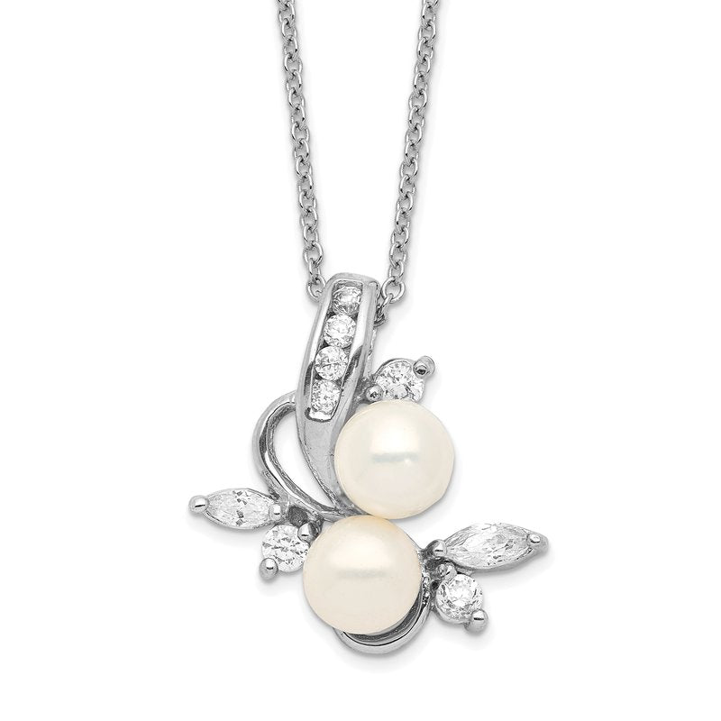 Sterling Silver Rhodium-plated Freshwater Cultured Pearl and Brilliant-cut CZ Leaves 18 Inch Necklace