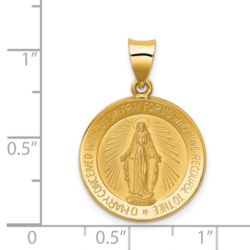 14k Polished and Satin Hollow Miraculous Medal Round Pendant