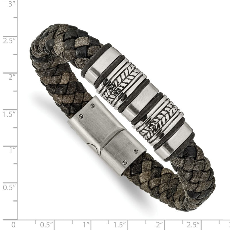 Stainless Steel Antiqued Brushed and Polished Braided Black Leather with Silicone 8.25 inch Bracelet