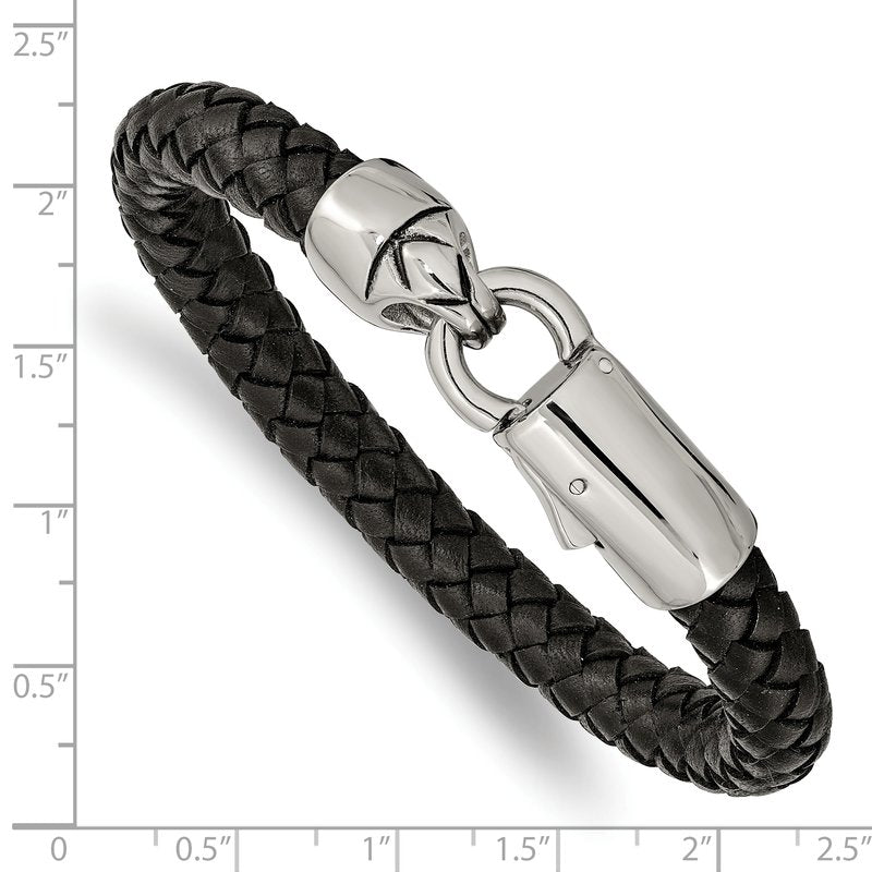 Stainless Steel Antiqued and Polished Black Braided Leather 8.25 inch Bracelet