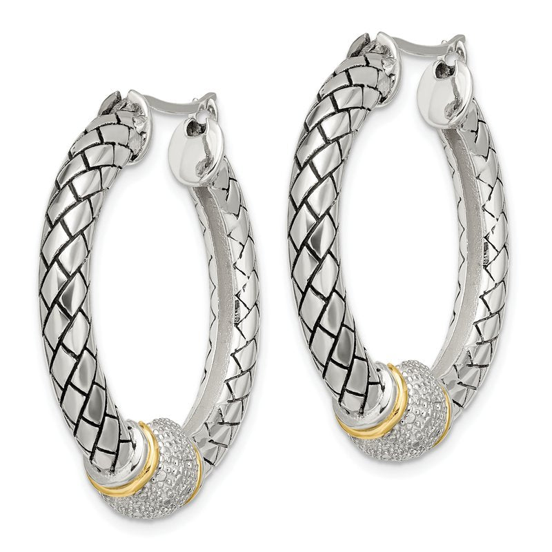 Sterling Silver with 14K Accent Antiqued Diamond Hoop Earrings