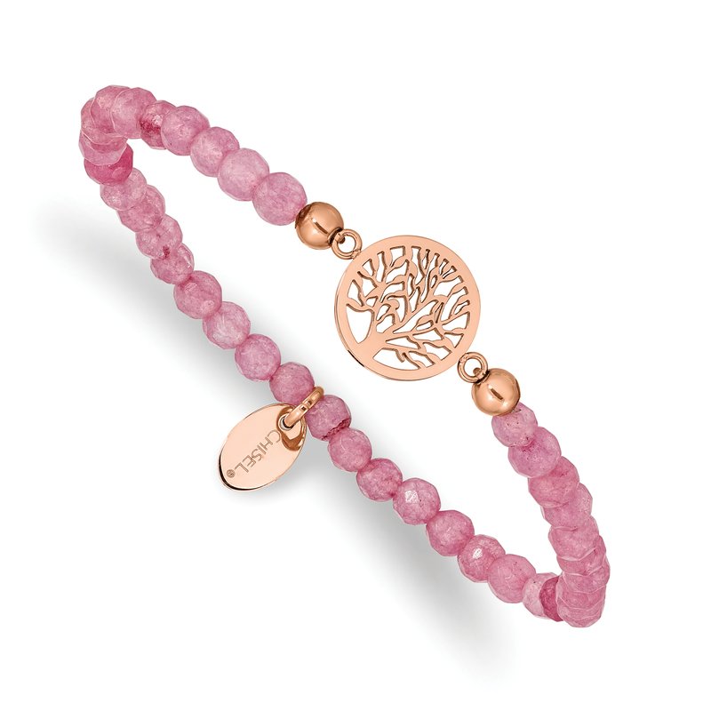 Stainless Steel Polished Rose IP-plated Tree of Life 4mm Red Jade Beaded Stretch Bracelet