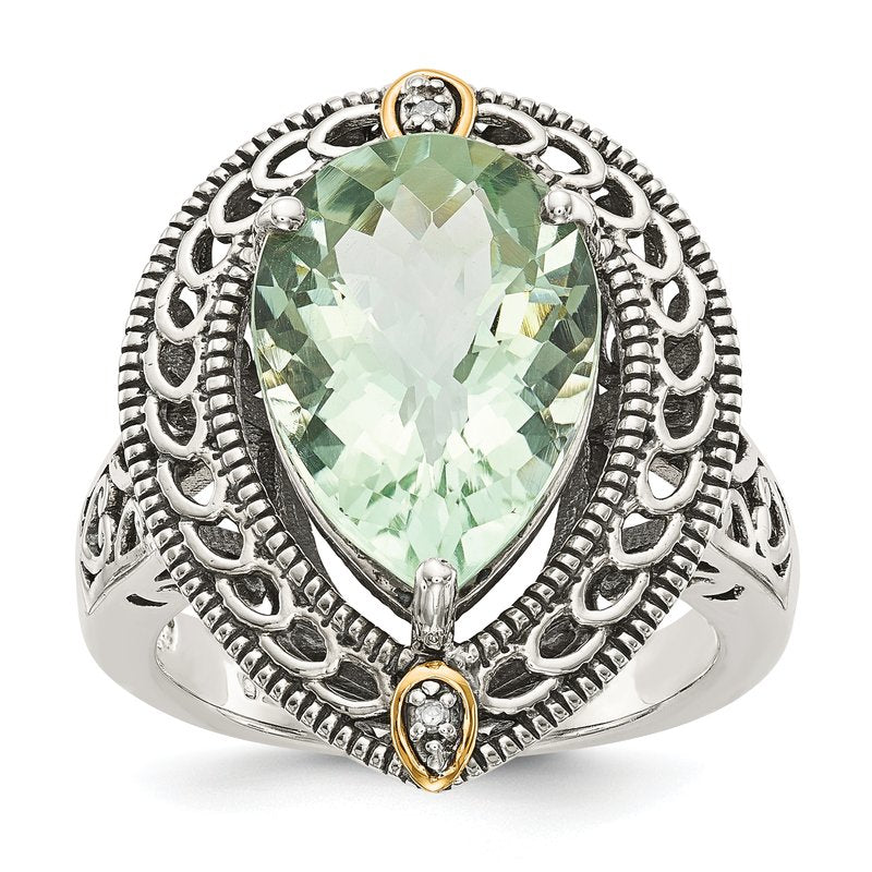 Sterling Silver with 14K Accent Antiqued Diamond and Pear Shaped Green Quartz Ring