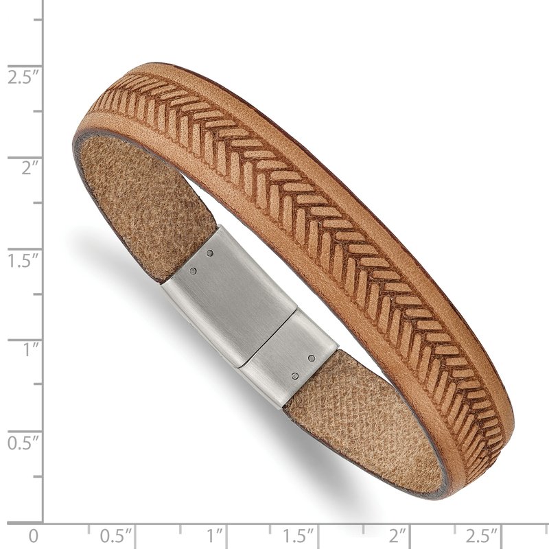 Stainless Steel Polished Textured Tan Italian Leather 8.75 inch Bracelet