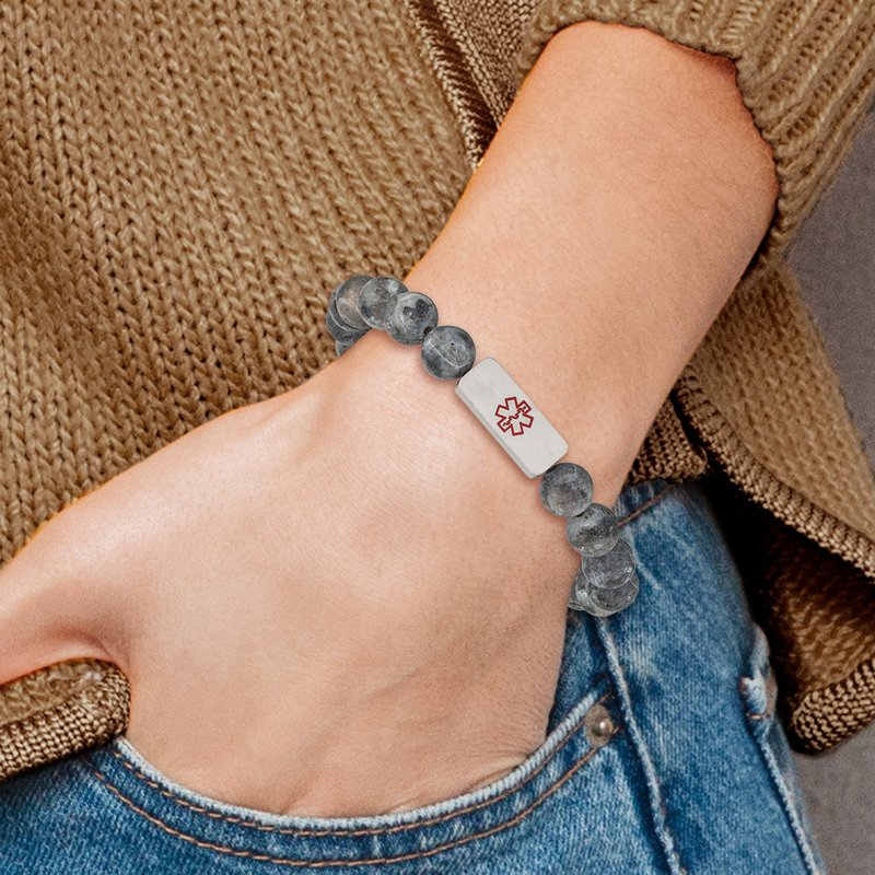 Stainless Steel Brushed with Red Enamel Medical ID 8.5mm Labradorite Beaded Stretch Bracelet