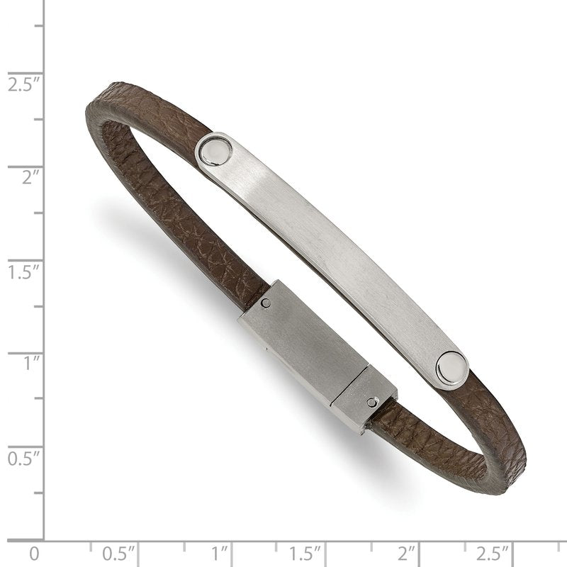 Stainless Steel Brushed Brown Leather 8.25 inch ID Bracelet