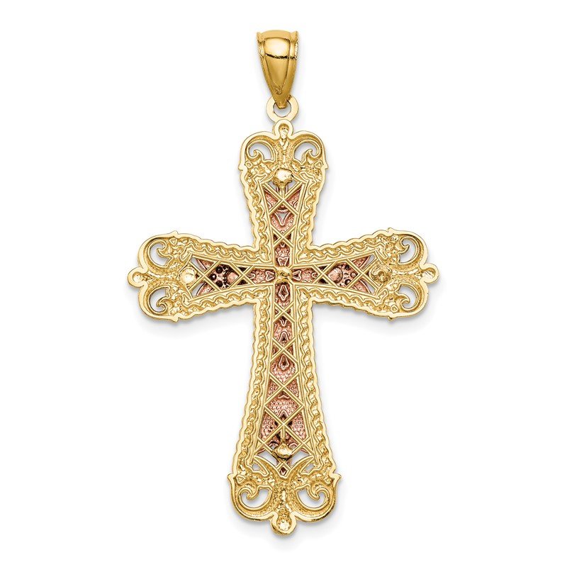 14K Tri-Color and White Rhodium Diamond-cut Crucifix Pendant