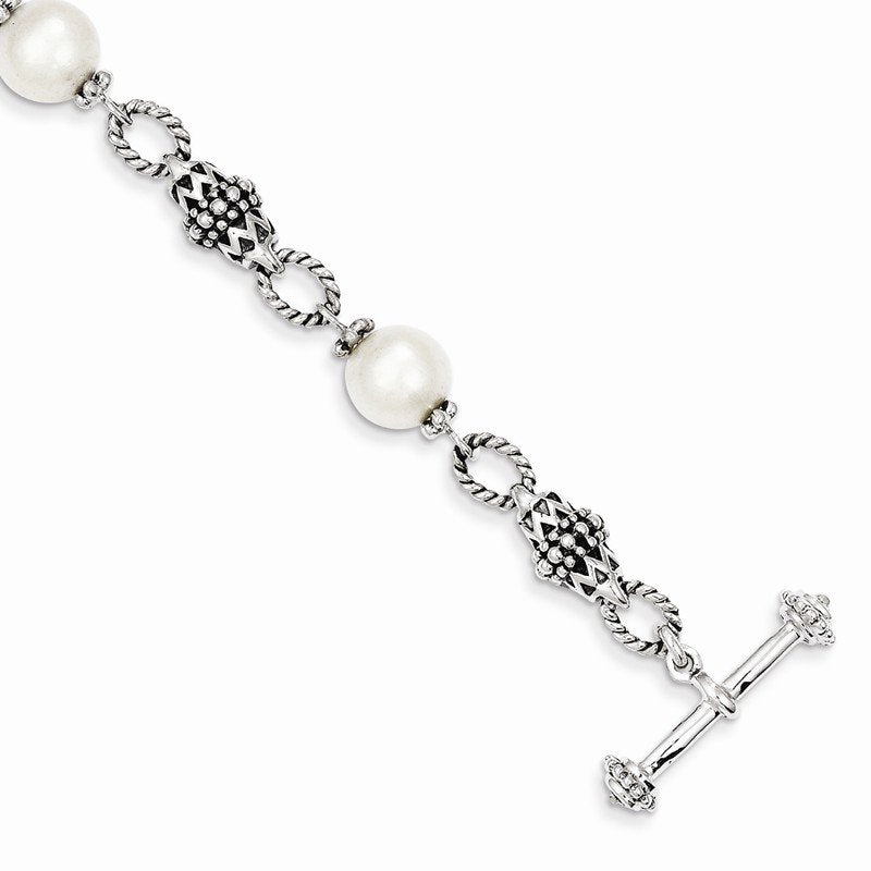 Sterling Silver 8 Inch Antiqued 8-8.5mm Freshwater Cultured Pearl Bracelet