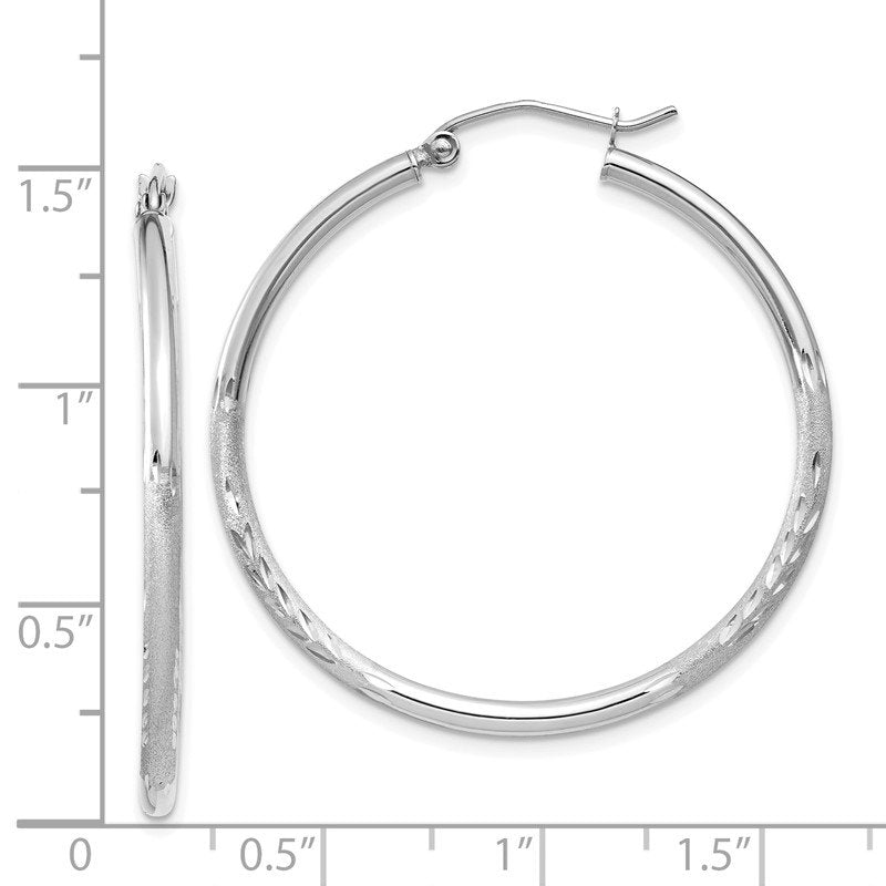 14k White Gold Satin and Diamond-cut 2mm Round Hoop Earrings