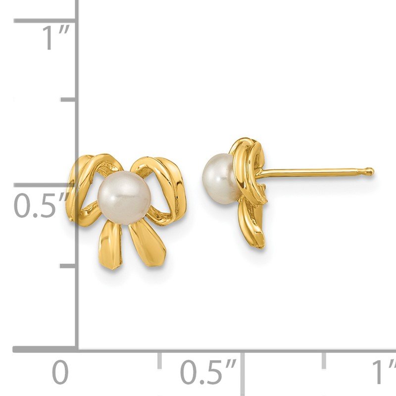 14k 3-4mm White Button Freshwater Cultured Pearl Bow Post Earrings