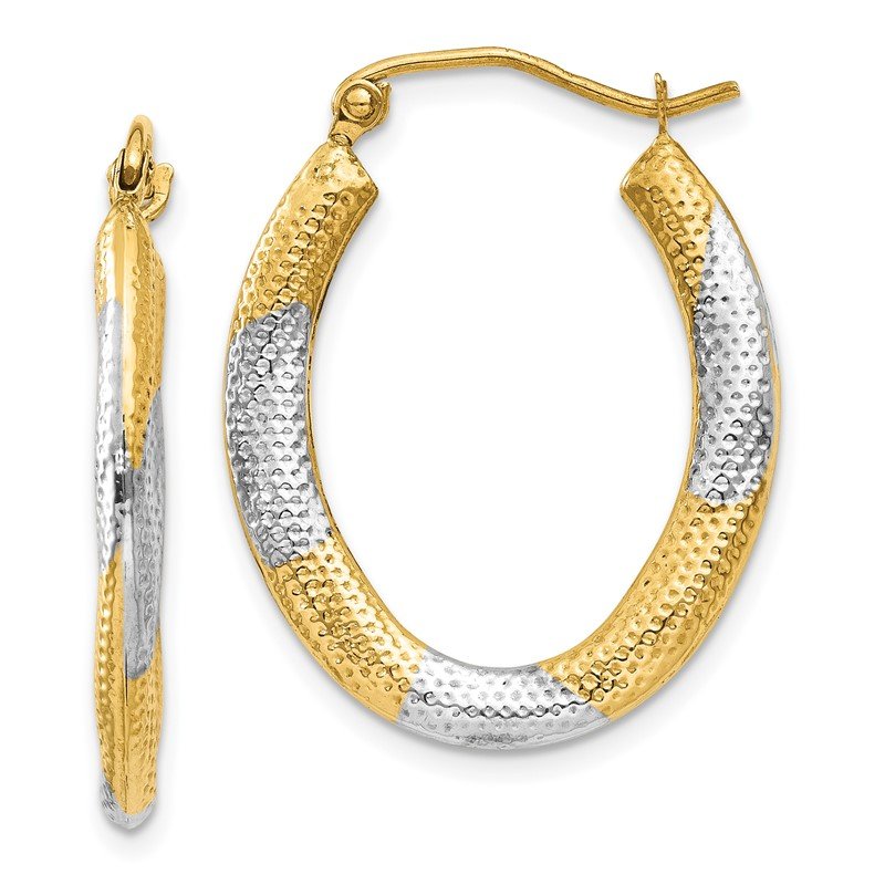 14K &amp; Rhodium Textured Hollow Oval Hoop Earrings