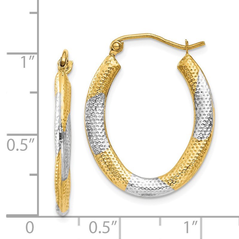 14K &amp; Rhodium Textured Hollow Oval Hoop Earrings