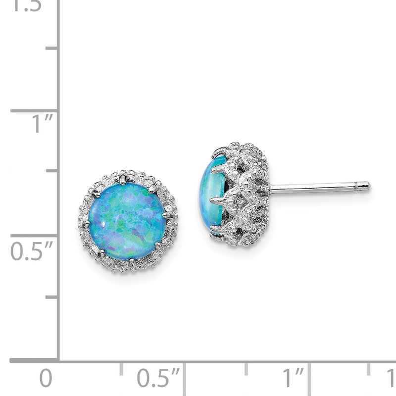 Sterling Silver Rhodium-plated Cabochon Lab Created Blue Opal and Brilliant-cut CZ Post Earrings