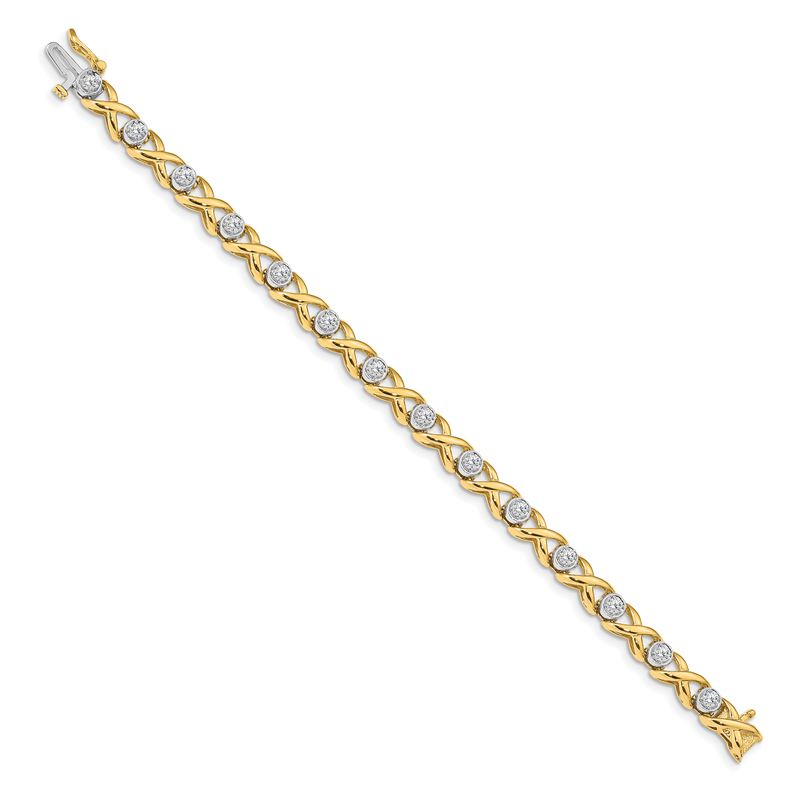 14k Two-tone Complete 1 carat Round AA Diamond 4-prong X-design 7 inch Tennis Bracelet