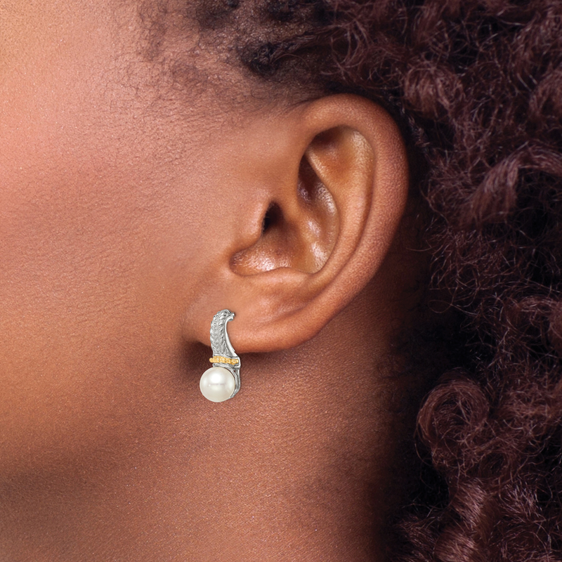 Sterling Silver Rhodium-plated with 14K Accent 7-8mm Freshwater Cultured Pearl Post Dangle Earrings