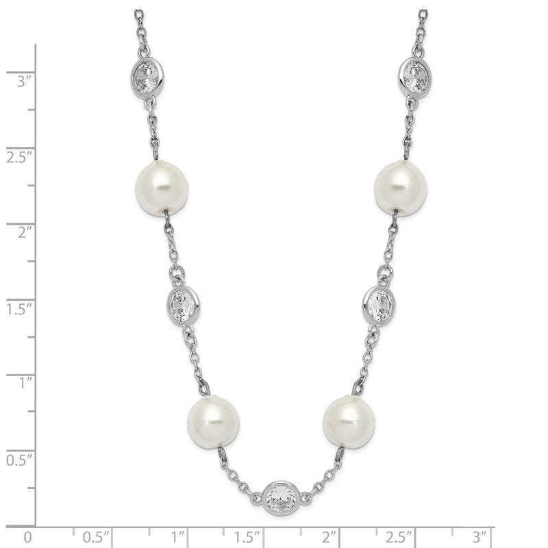 Sterling Silver Rhodium-plated Glass Pearl and Brilliant-cut CZ Bezel Station 18.25 Inch Necklace