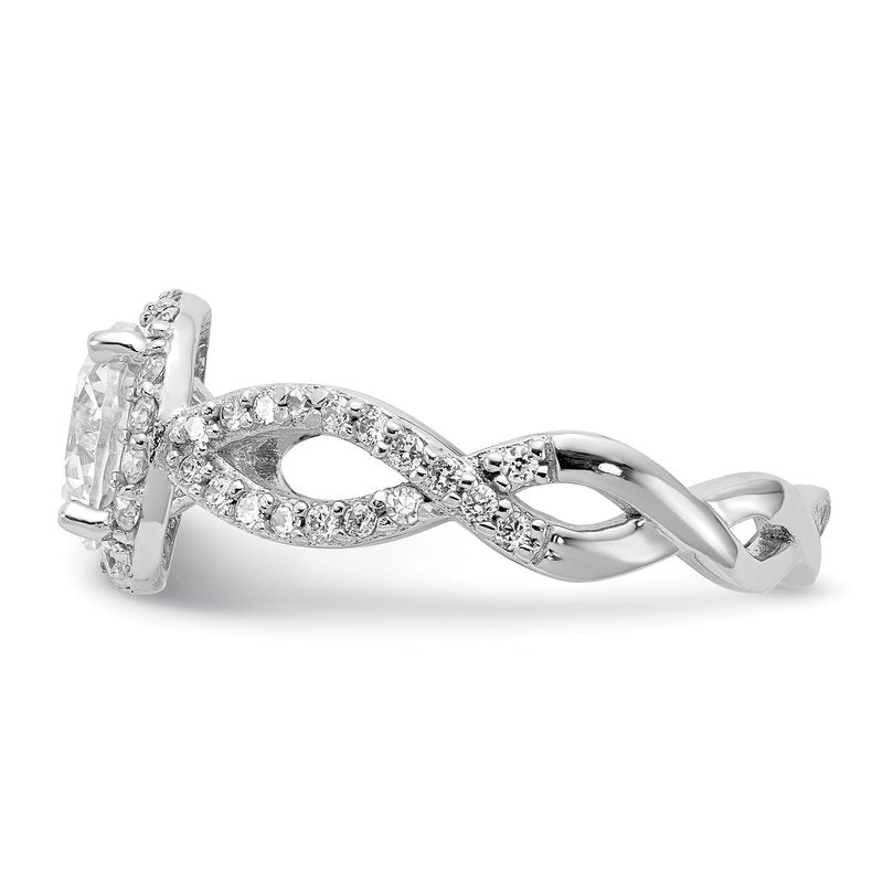 Sterling Silver Rhodium-plated Brilliant-cut Round CZ Halo Center and Twisted Design Ring