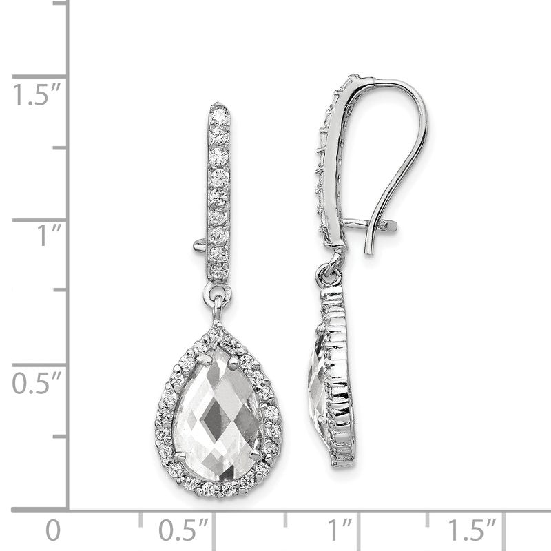 Sterling Silver Rhodium-plated Checkerboard-cut Pear Shaped and Brilliant-cut CZ Halo Kidney Wire Dangle Earrings