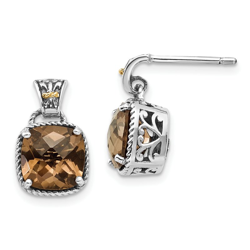 Sterling Silver with 14K Accent Antiqued Cushion Smoky Quartz Dangle Post Earrings