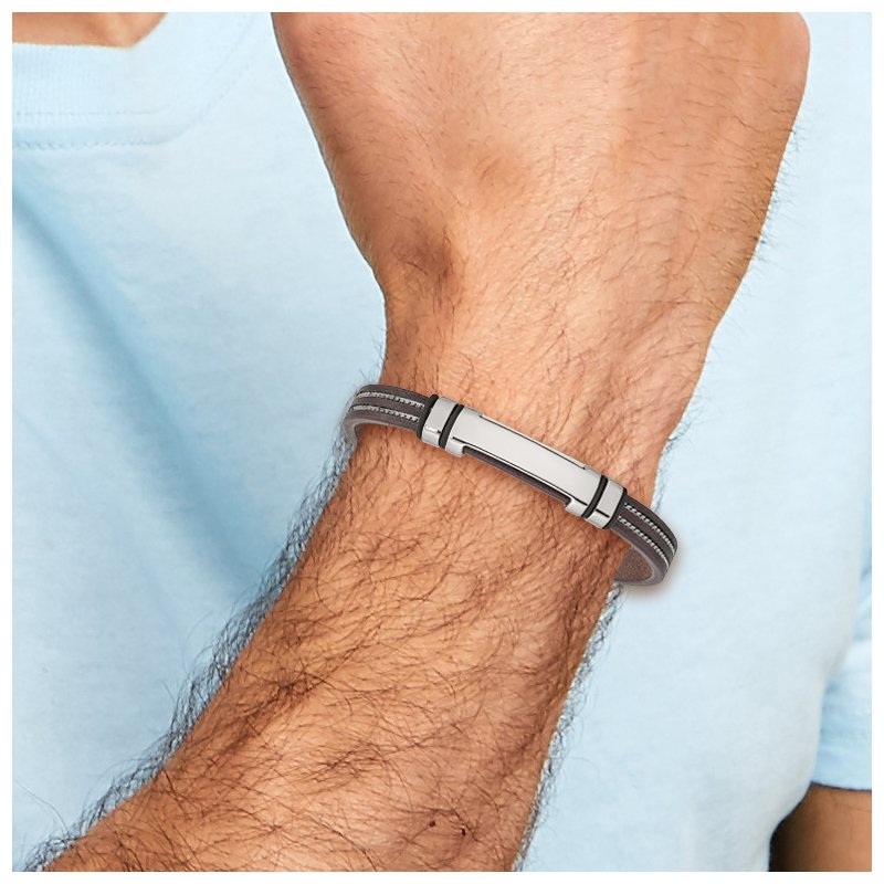 Stainless Steel Polished Brown Leather with Black Rubber 8.25 inch ID Bracelet
