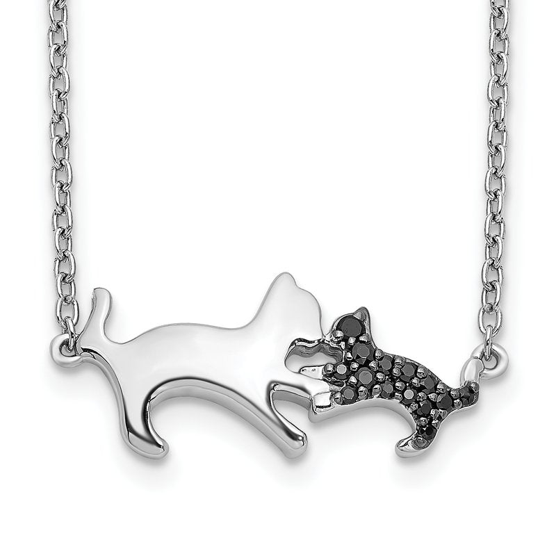 14k White Gold 1/20 carat Black Diamond Mother and Baby Cat 18 inch Necklace