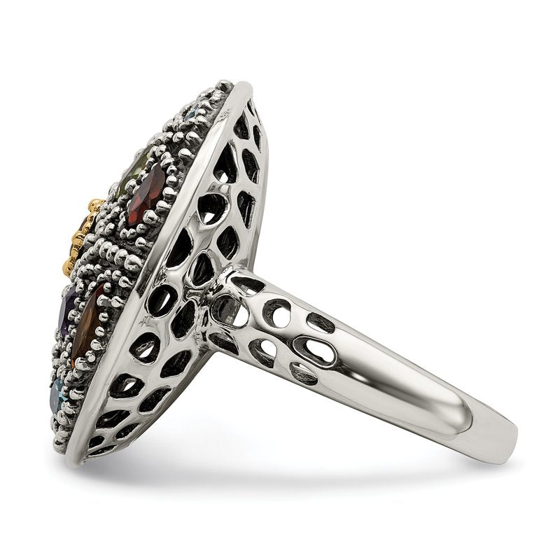 Sterling Silver with 14K Accent Antiqued .43Amethyst/.19Citrine/.32Blue Topaz/.32Peridot/.35Garnet Ring