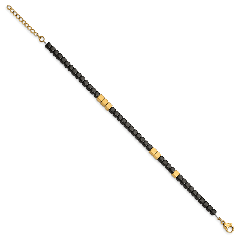 Stainless Steel Brushed Yellow IP-plated with Square Hematite Beads 7 inch Bracelet with 1.25 inch Extension