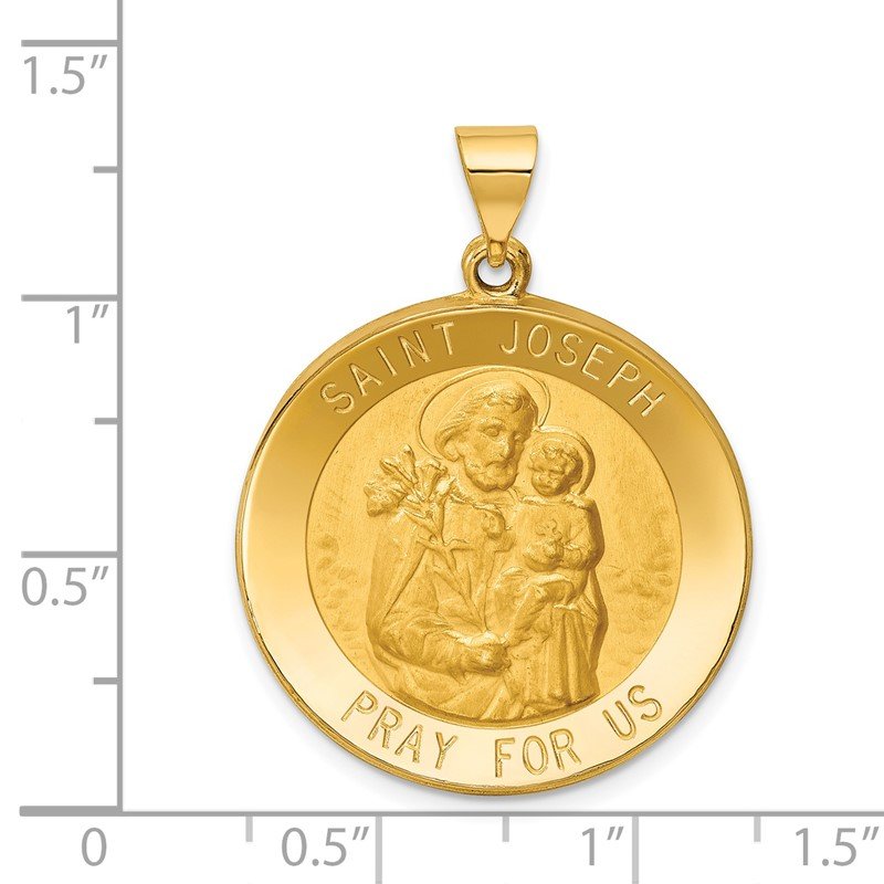 14k Polished and Satin Hollow Large St Joseph Medal Round Pendant