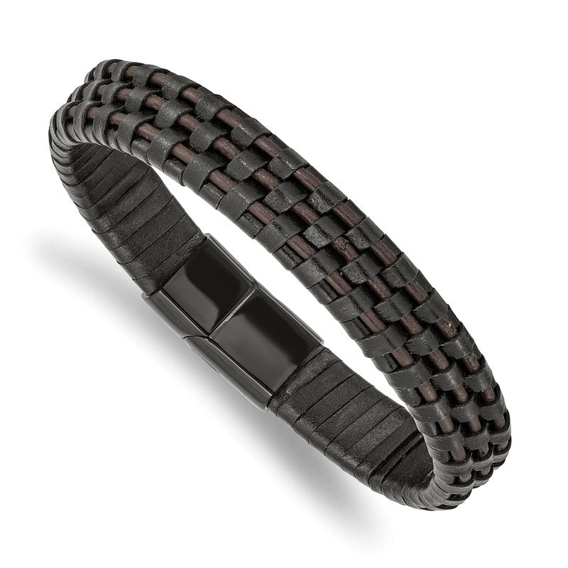 Stainless Steel Polished Black IP-plated Black and Brown Leather 8.25 inch Bracelet
