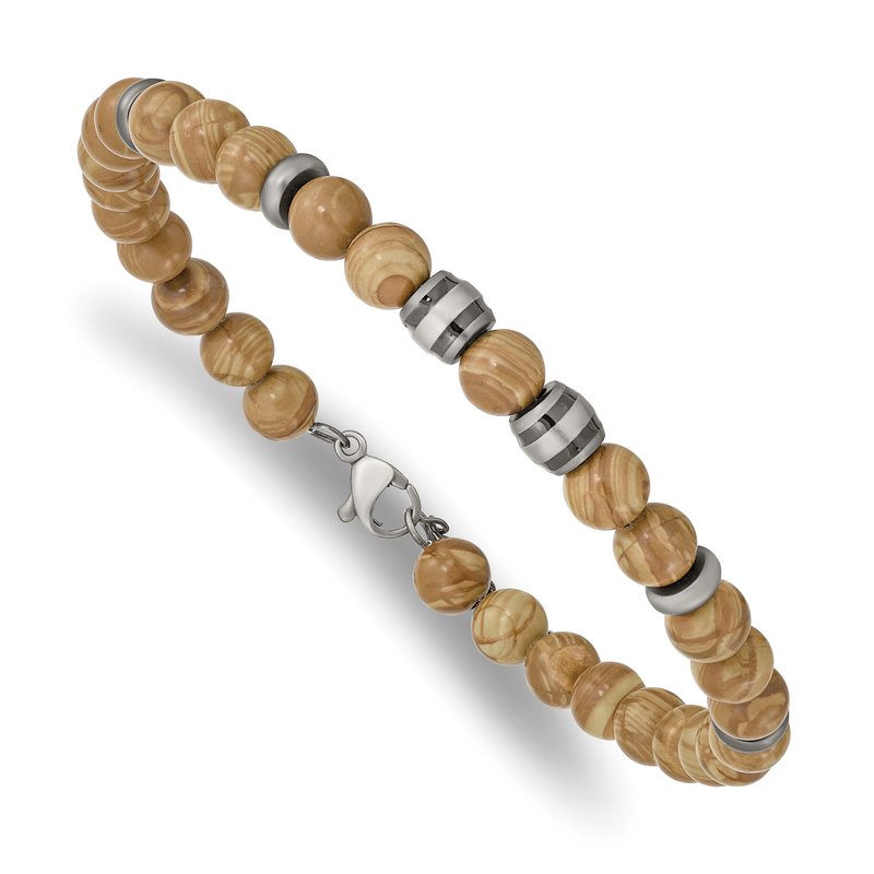 Stainless Steel Antiqued White Bronze Plated with Grain Stone Beads 8 inch Bracelet with 1 inch Extension