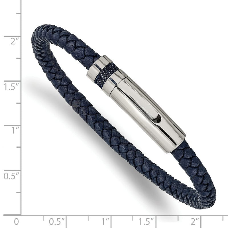 Stainless Steel Polished Blue Braided Leather 8.25 inch Bracelet