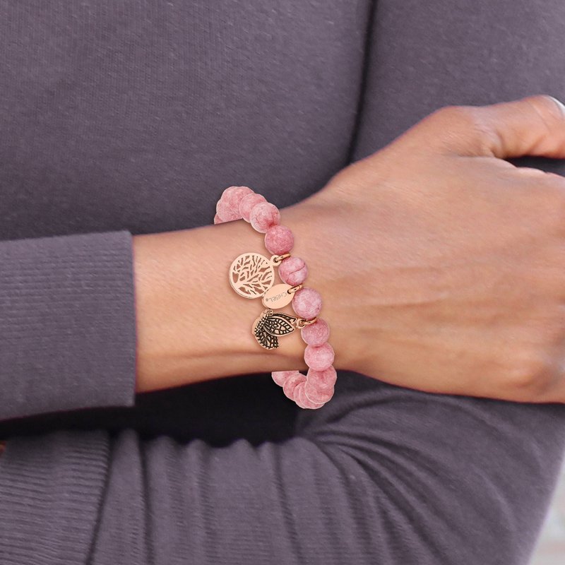 Stainless Steel Antiqued and Polish Rose IP-plated Butterfly and Tree of Life 8mm Pink Dyed Jade Beaded Stretch Bracelet