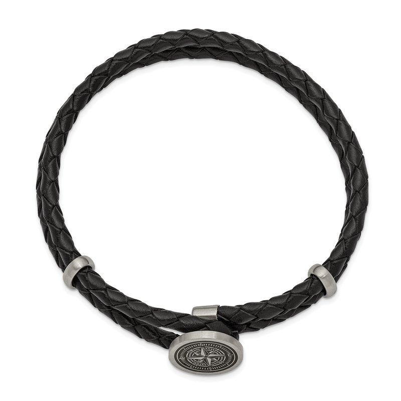 Stainless Steel Brushed Laser Design Compass Black Woven Leather 8.5 inch Bracelet