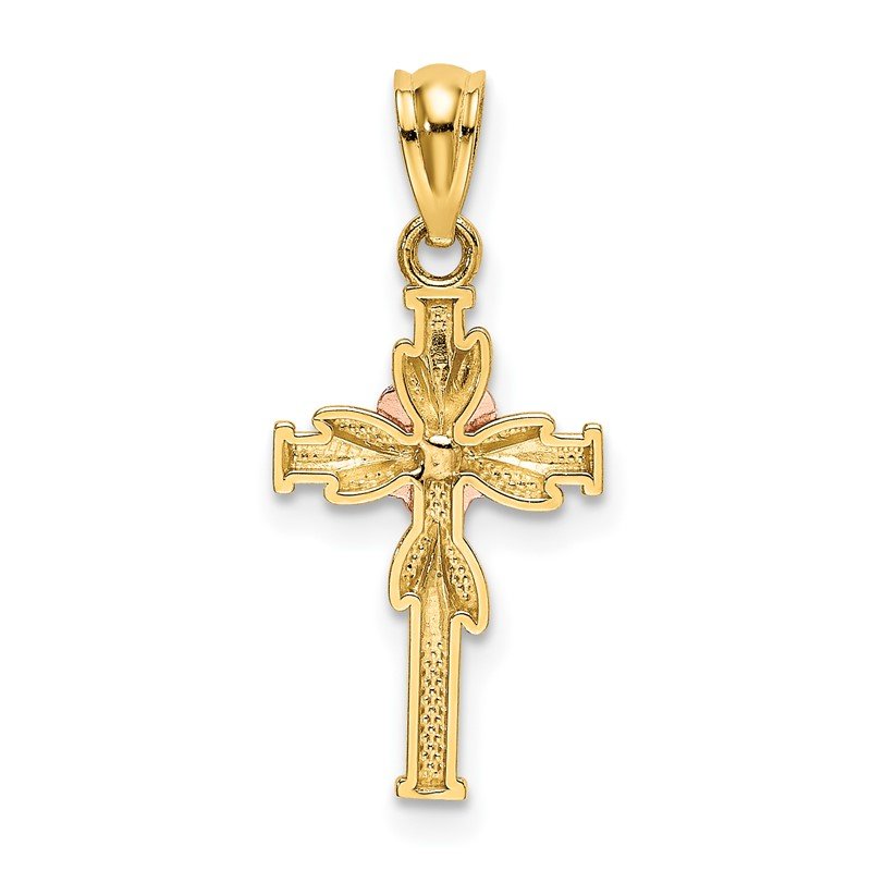 14K Two-tone Polished Diamond-cut Cross with Flower Pendant