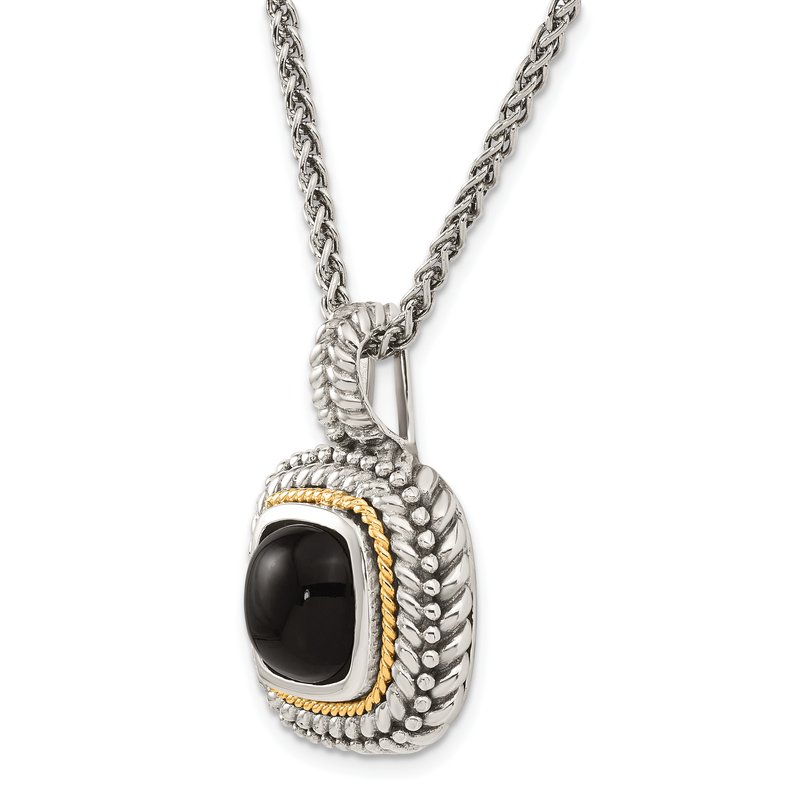 Sterling Silver with 14K Accent 18 Inch Antiqued Cabochon Black Onyx Necklace