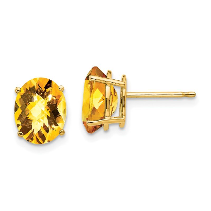 14k 9x7mm Oval Checker-cut Citrine Post Earrings