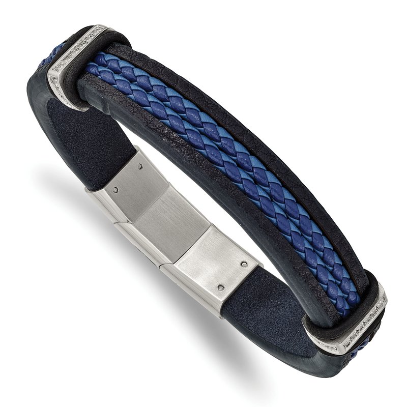 Stainless Steel Polished with CZ Black and Blue Braided Leather 8 inch Bracelet with .5 inch Extension
