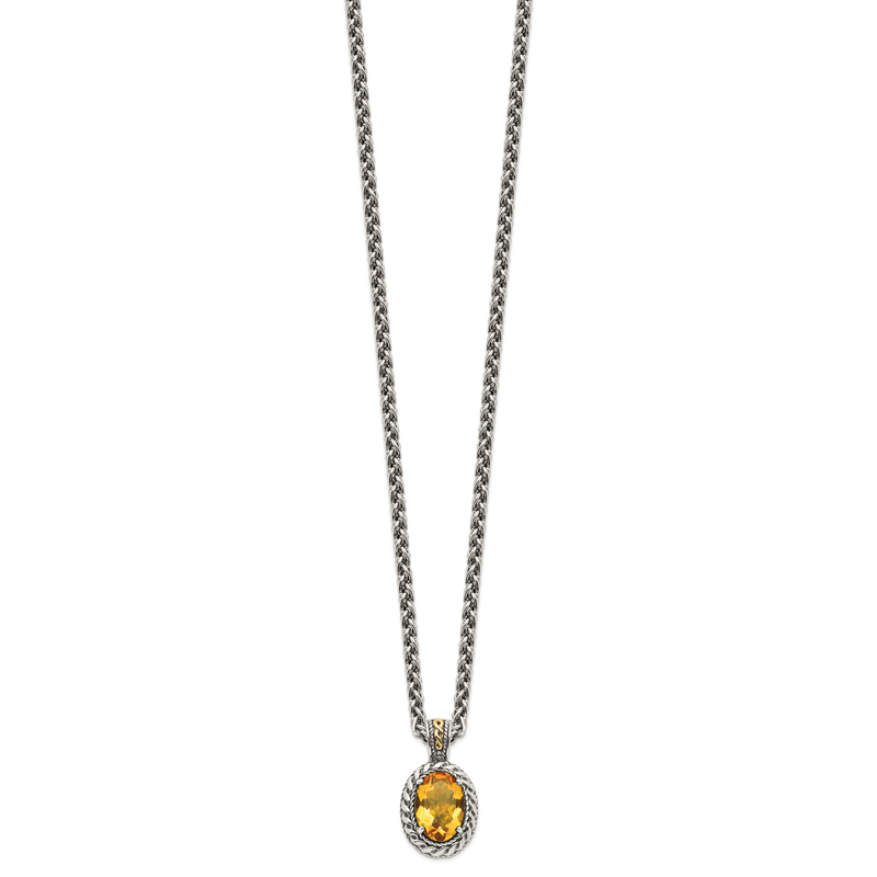 Sterling Silver with 14K Accent 18 Inch Antiqued Oval Citrine Necklace
