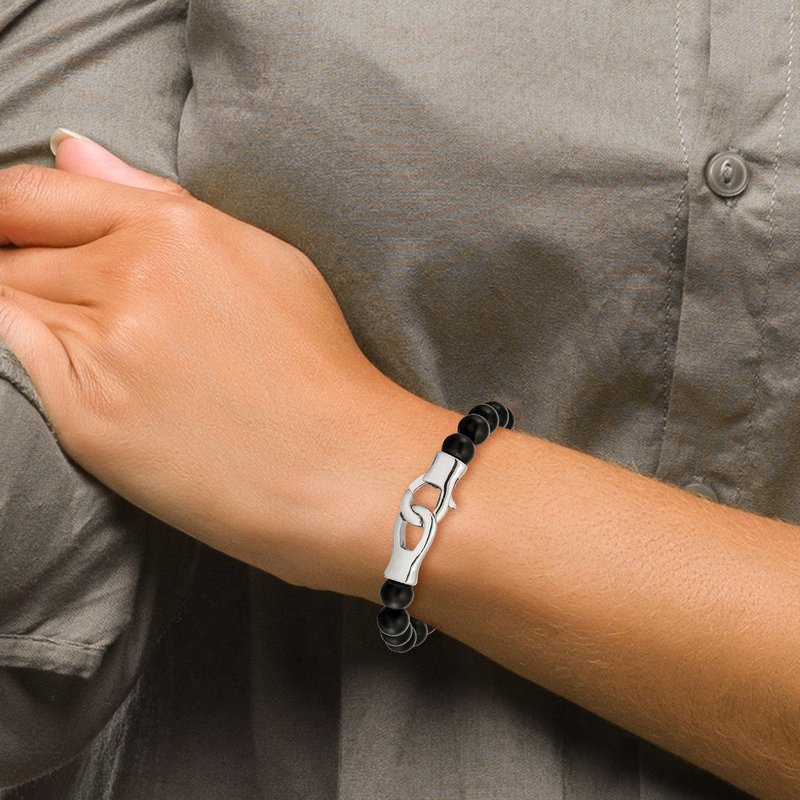 Stainless Steel Polished Black Agate Beaded 9 inch Bracelet
