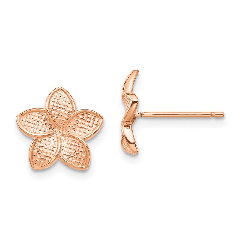 14K Rose Gold Polished &amp; Textured Plumeria &amp; Yellow Post &amp; Earring Backs