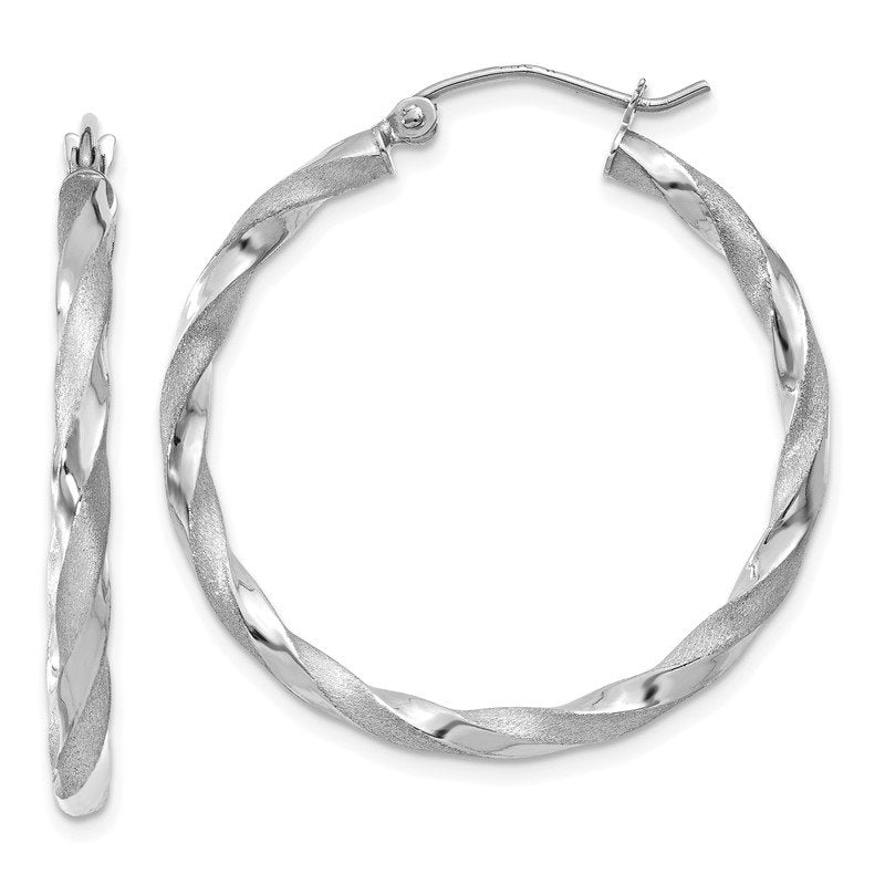14k White Gold Polished &amp; Satin Twisted Hoop Earrings