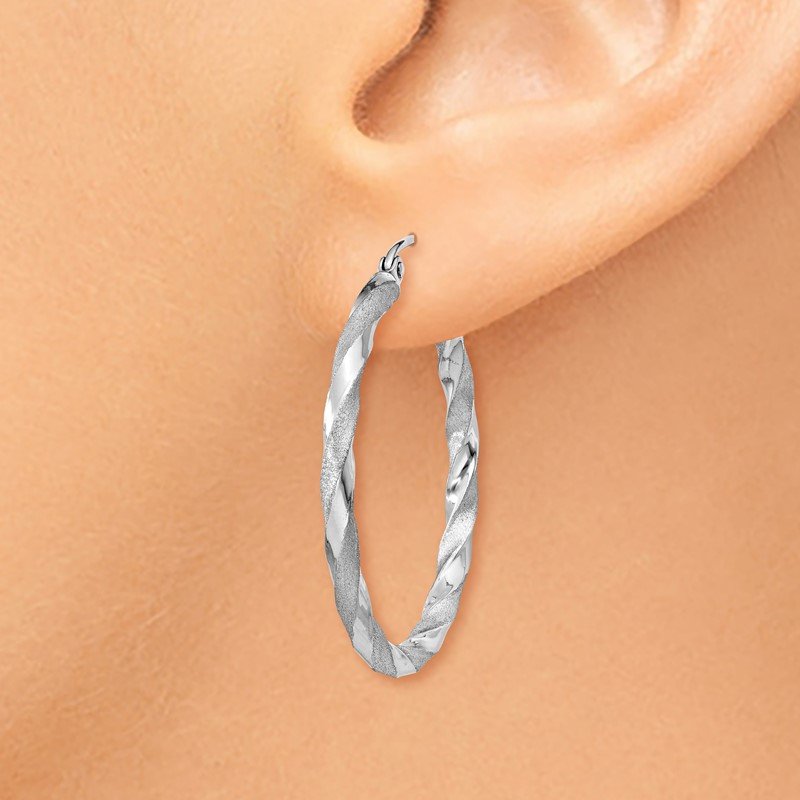 14k White Gold Polished & Satin Twisted Hoop Earrings