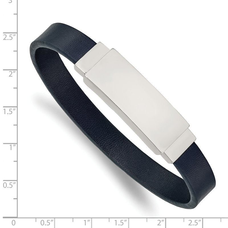 Stainless Steel Polished Navy Blue Leather 8.5 inch ID Bracelet