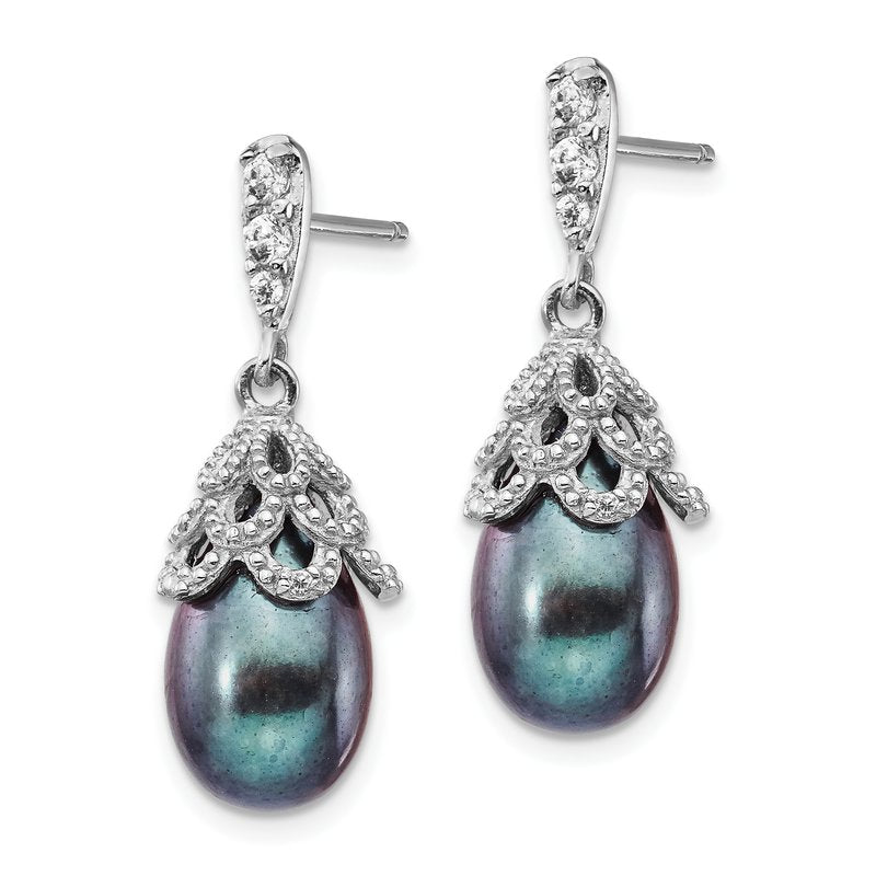 Sterling Silver Rhodium-plated Black Teardrop Freshwater Cultured Pearl and Brilliant-cut CZ Post Dangle Earrings