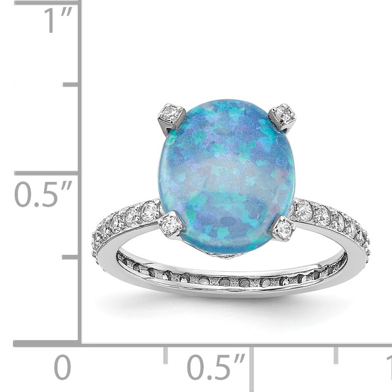 Sterling Silver Rhodium-plated Cabochon Lab Created Blue Opal and Brilliant-cut CZ Oval with Side Stones Ring