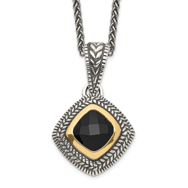 Sterling Silver with 14K Accent 18 Inch Antiqued Checkerboard-cut Black Onyx Necklace